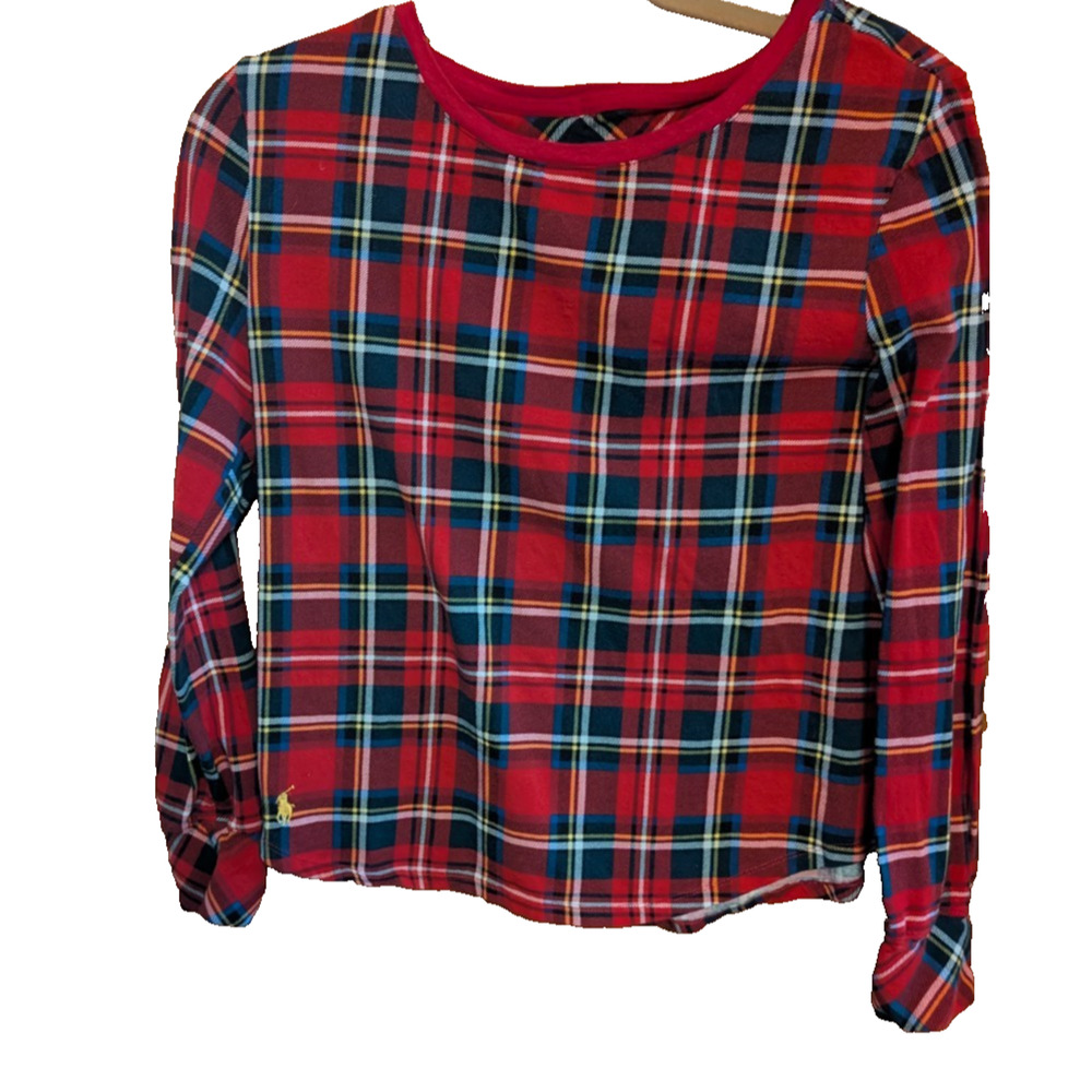 Ralph Lauren Girls Red Plaid Long Sleeve Top Polo Pony Logo LARGE‎